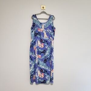 Vintage Hilo Hattie Floral Leaf Sleeveless Hawaiian Midi Dress XL Blue Green